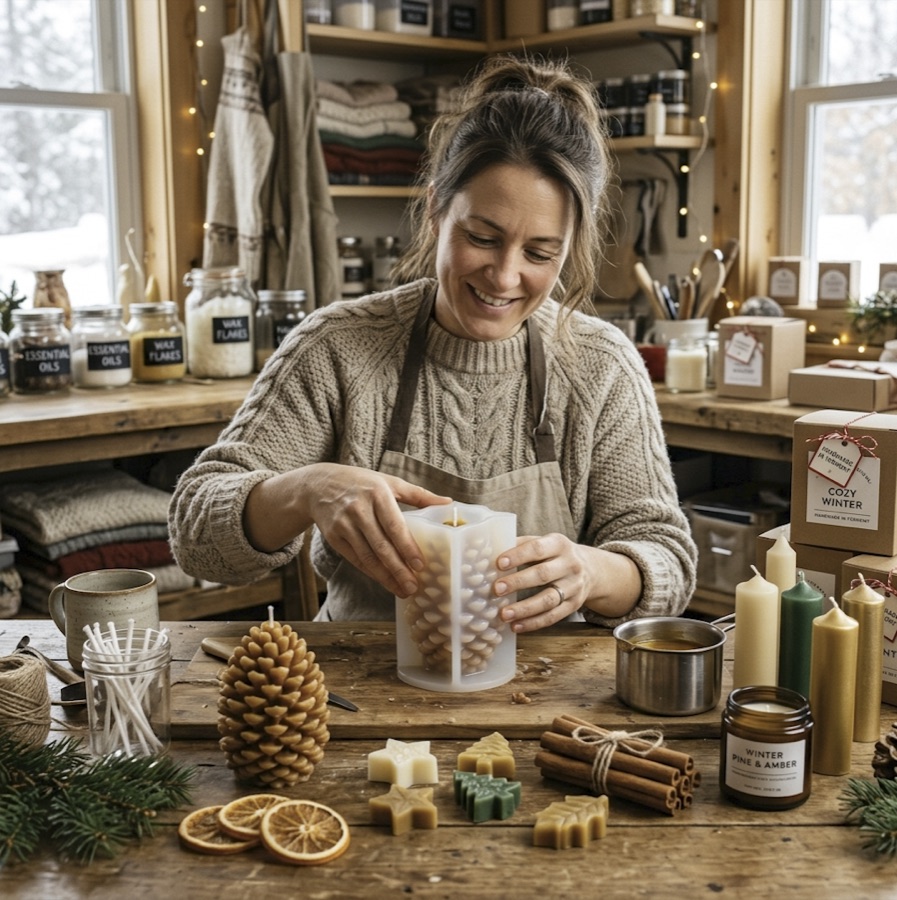 Artesana en su taller desmoldando velas festivas listas para la temporada comercial